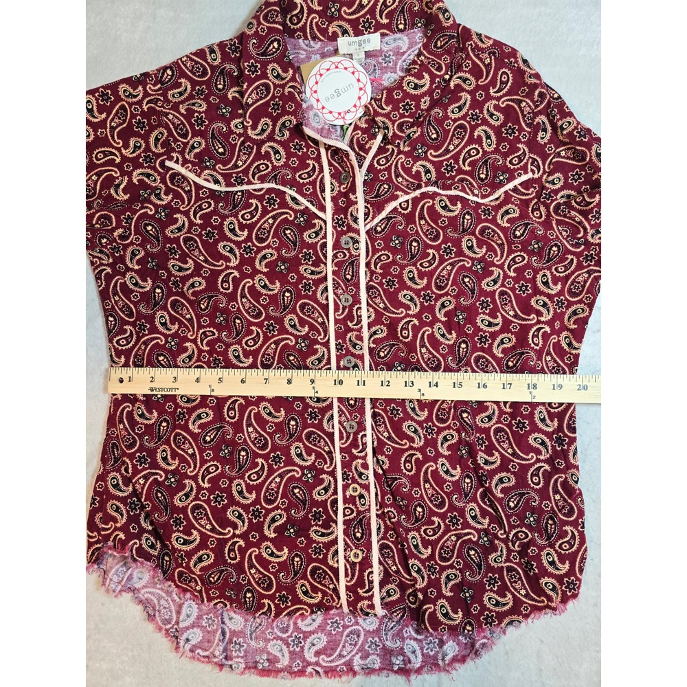 Umgee Burgundy Paisley Corduroy Western Button Down Shirt Raw Hem Large New - Picture 7 of 9